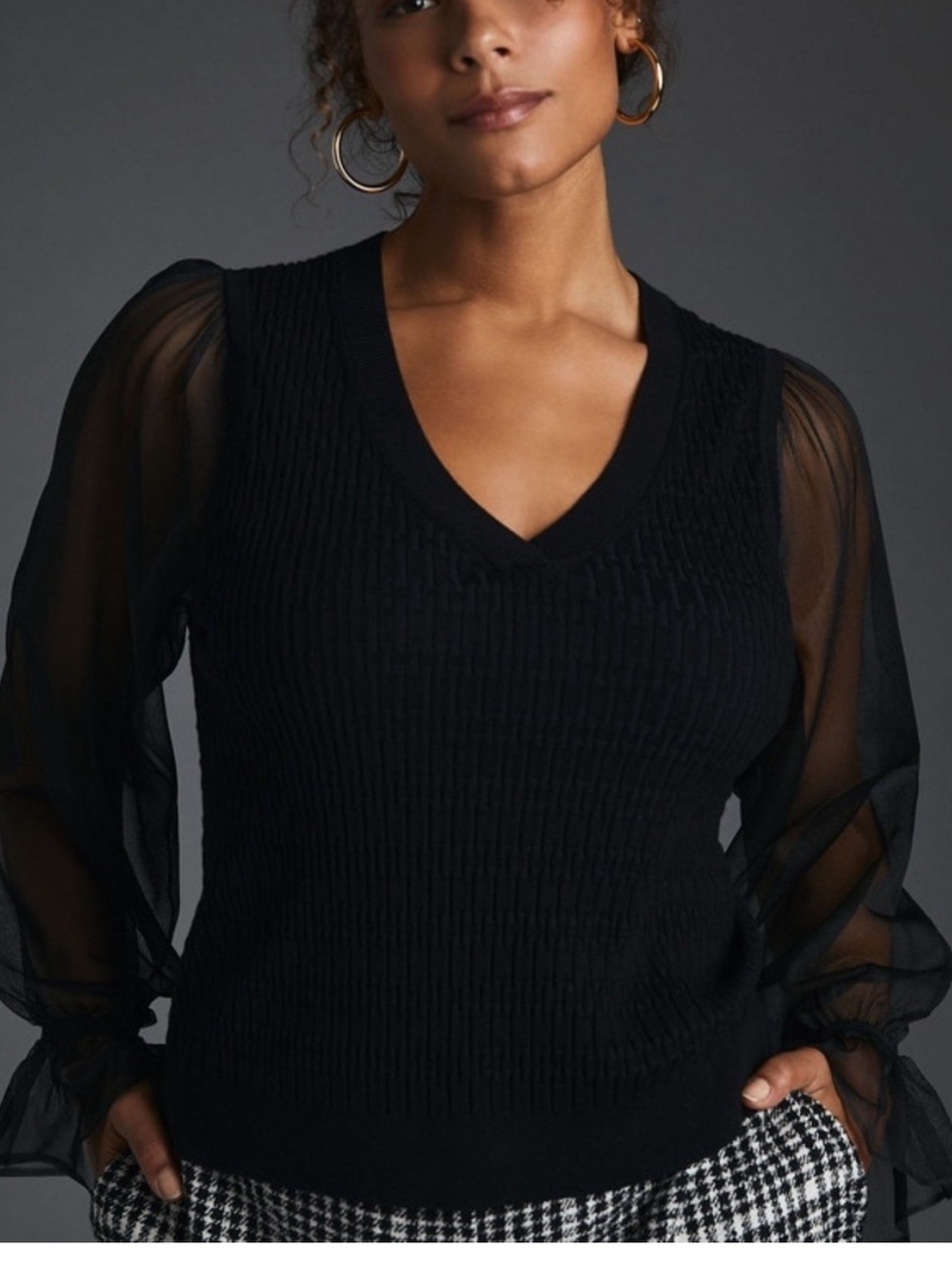 Maeve by Anthropologie Black Sheer Sleeve V-Neck Top – Size Large